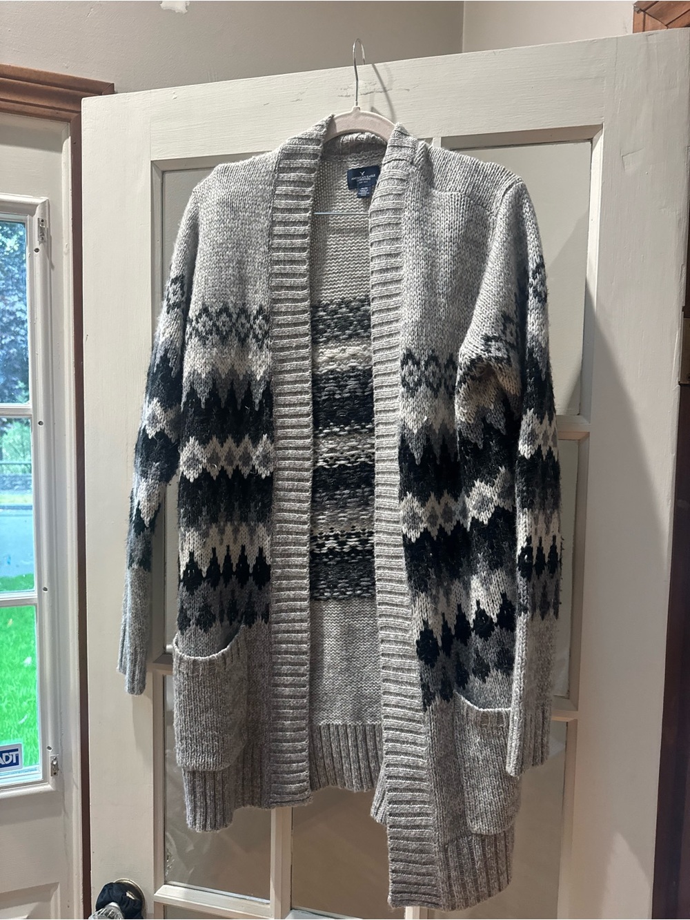 American Eagle Outfitters Light Gray Fair Isle Open-Front Cardigan